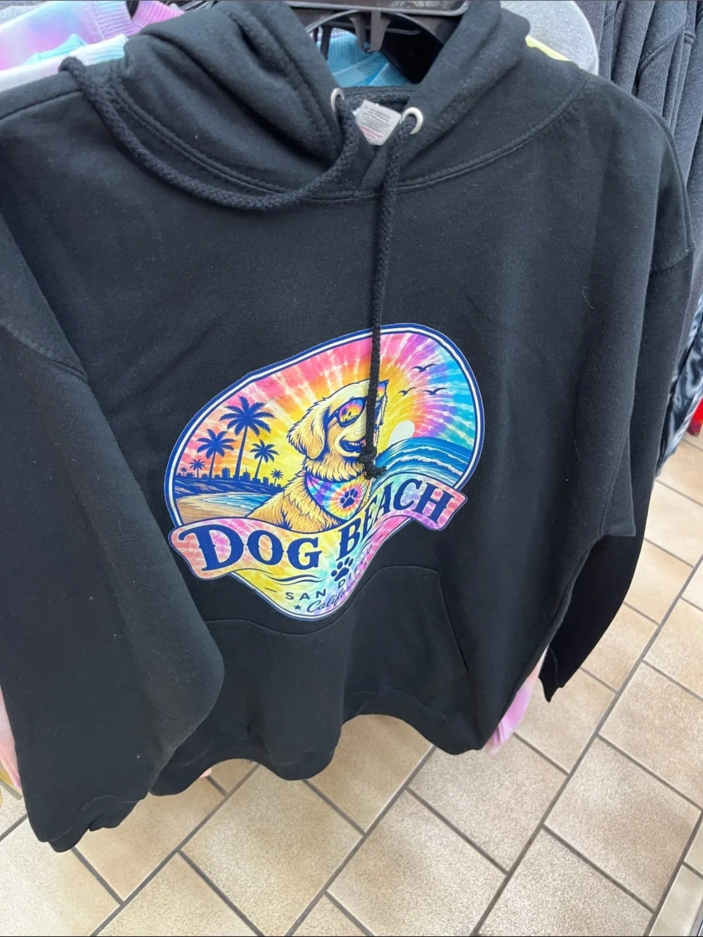 Black Hoodie with Colorful Dog Beach Graphic tie-Dye